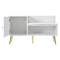 Banc Meuble à Chaussures Moderne avec Assise Rembourrée et Dossier, Rangement Multifonction et Pieds en Métal, 100x38x58 cm, Blanc(m-6)
