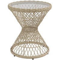 Outsunny Couchtafel Bijzettafel Boho-Design, Glazen Blad, PE-Rattan, 45 cm x 45 cm x 52 cm, Natuurlijk(m-10)