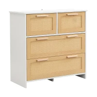 Commode Moderne en Rotin avec 4 Tiroirs et Poignées en Bois Massif, 80x38x80 cm - Meuble de Rangement, Naturel+Blanc(m-10)