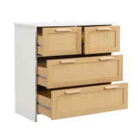 Commode Moderne en Rotin avec 4 Tiroirs et Poignées en Bois Massif, 80x38x80 cm - Meuble de Rangement, Naturel+Blanc(m-6)