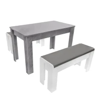 Ensemble de Salle à Manger Moderne avec Table et 2 Bancs, Design Contemporain et Structure Robuste, Gris+Blanc(m-2)