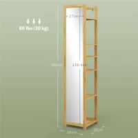 HOMCOM  Poliță Baie pe 6 Niveluri cu Oglindă, Suport de Depozitare Multifuncțional, 35x35x168 cm, Lemn Natural(m-3)