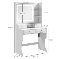 HOMCOM Masă de Toaletă cu Oglindă Iluminată LED, Masă de Machiaj cu Stație de Încărcare, 4 sertare și rafturi de depozitare, 90x45x160 cm, Alb(m-3)