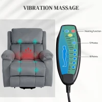 HOMCOM Scaun Electric cu Masaj prin Vibrații și Căldură, Scaun din Piele pentru Vârstnici cu Telecomandă și Buzunar Lateral, 90x95x103 cm, Gri(m-5)