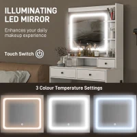 HOMCOM Masă de Toaletă cu Oglindă Iluminată LED, Masă de Machiaj cu Stație de Încărcare, 4 sertare și rafturi de depozitare, 90x45x160 cm, Alb(m-4)