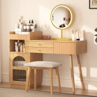 Coiffeuse Meuble avec Miroir LED à 3 Couleurs, 3 Tiroirs et Armoire Latérale, en Bois, 120x40x130 cm, Naturel(m-1)