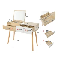 Coiffeuse Meuble avec Miroir et Tiroirs, Grande Capacité, 100x40x78 cm, Naturel+Blanc(m-3)