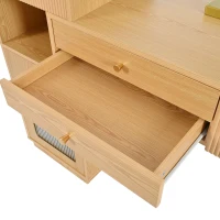 Coiffeuse Meuble avec Miroir LED à 3 Couleurs, 3 Tiroirs et Armoire Latérale, en Bois, 120x40x130 cm, Naturel(m-8)