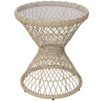 Outsunny Couchtafel Bijzettafel Boho-Design, Glazen Blad, PE-Rattan, 45 cm x 45 cm x 52 cm, Natuurlijk