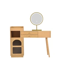 Coiffeuse Meuble avec Miroir LED à 3 Couleurs, 3 Tiroirs et Armoire Latérale, en Bois, 120x40x130 cm, Naturel(m-2)