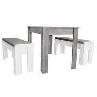 Ensemble de Salle à Manger Moderne avec Table et 2 Bancs, Design Contemporain et Structure Robuste, Gris+Blanc(m-12)