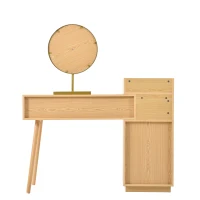 Coiffeuse Meuble avec Miroir LED à 3 Couleurs, 3 Tiroirs et Armoire Latérale, en Bois, 120x40x130 cm, Naturel(m-10)