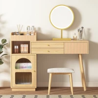 Coiffeuse Meuble avec Miroir LED à 3 Couleurs, 3 Tiroirs et Armoire Latérale, en Bois, 120x40x130 cm, Naturel(m-5)
