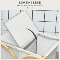 HOMCOM Coș de Rufe Dublu cu 2 Secțiuni, Coș de Rufe din Bambus cu Capac, 55x40x62 cm, Gri(m-5)
