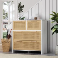 Commode Moderne en Rotin avec 4 Tiroirs et Poignées en Bois Massif, 80x38x80 cm - Meuble de Rangement, Naturel+Blanc(m-1)