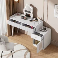 Coiffeuse Meuble avec Miroir LED et Éclairage, Trois Tiroirs et Une Porte, en Bois Pressé, 100x40x124 cm, Blanc(m-5)