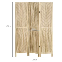 HOMCOM Separator de Cameră cu 3 Panouri, Ecran de Confidențialitate Pliabil Portabil pentru Interior din Lemn Masiv, Despărțitor de Perete, 120x170x1.6 cm, Natural(m-3)