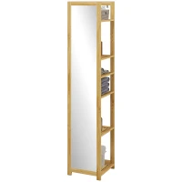 HOMCOM  Poliță Baie pe 6 Niveluri cu Oglindă, Suport de Depozitare Multifuncțional, 35x35x168 cm, Lemn Natural(m-10)