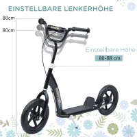 HOMCOM Kinderroller mit Hinterbremse Kickscooter 12 Zoll Tretroller Roller Scooter Cityroller für Kinder Kickboard Höhenverstellbar Stahl EVA Schwarz 120 x 52 x 80-88 cm(m-5)