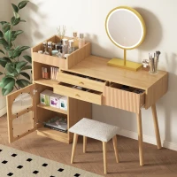 Coiffeuse Meuble avec Miroir LED à 3 Couleurs, 3 Tiroirs et Armoire Latérale, en Bois, 120x40x130 cm, Naturel(m-4)