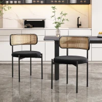 Set de 2 scaune de dining din țesătură cu efect de catifea, cu picioare din metal și spătar din ratan, 60x18x86 cm, Negru(m-2)