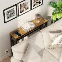 HOMCOM Masă Subțire de Consolă, Masă Industrială cu Două Nivele, Masă de Canapea Îngustă cu Cadru X din Oțel, 100x24x75 cm, Maro(m-4)