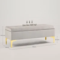 HOMCOM Bancă Otomană de Depozitare, Capăt de Pat din Catifea cu Picioare și Spațiu de Depozitare, 120x44x44.5 cm, Gri Deschis(m-3)