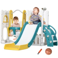 AIYAPLAY 6-in-1 Swing and Slide Set, Kids Playground with Basketball Hoop, Telescope, Storage Space - Yellow(m-1)