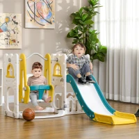 AIYAPLAY 6-in-1 Swing and Slide Set, Kids Playground with Basketball Hoop, Telescope, Storage Space - Yellow(m-2)