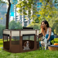 PawHut Foldable Dog Pen with Storage Bag for Indoor/Outdoor Use, Portable Pet playpen, with Ground Stakes - Brown(m-2)