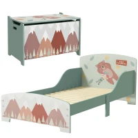 ZONEKIZ Conjunto para Crianças Inclui 1 Cama Infantil de Madeira Carga Máx. 40 kg 143x77x60 cm e 1 Baú de Brinquedos 60x37x39 cm Verde(m-1)