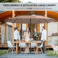 Outsunny 4.4m Double-Sided Sun Umbrella Patio Parasol LED Solar Lights Base Khaki(m-7)