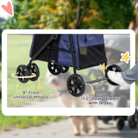 PawHut Dog Pram Dog Stroller 4 Wheels Pet Pushchair with Rolling Door, Cushion, Safety Leashes, for Small and Medium Dogs, Dark Blue(m-6)