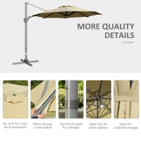 Outsunny Cantilever Umbrella Ø298 cm, Sun Umbrella, Adjustable Angle, incl. Crank, 360 Degree Rotatable, Khaki(m-8)