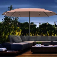 Outsunny 4.4m Double-Sided Sun Umbrella Patio Parasol LED Solar Lights Base Khaki(m-10)