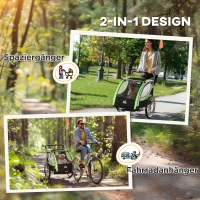 HOMCOM 2-in-1 Fietskar voor 2 Kinderen, Duwfunctie, Regenbescherming, Rem, Groen(m-4)