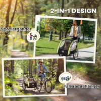 HOMCOM 2-in-1 Fietskar voor 2 Kinderen, Duwfunctie, Regenbescherming, Rem, Geel(m-4)