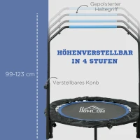 HOMCOM Trampolina fitness, składana, z regulowanym uchwytem, Ø102x123H cm, do 100 kg, Czarna/Niebieska(m-4)