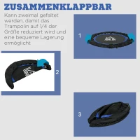 HOMCOM Trampolina fitness, składana, z regulowanym uchwytem, Ø102x123H cm, do 100 kg, Czarna/Niebieska(m-5)