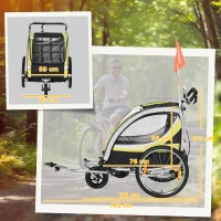 HOMCOM 2-in-1 Fietskar voor 2 Kinderen, Duwfunctie, Regenbescherming, Rem, Geel(m-3)