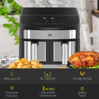 HOMCOM Friteuză cu Aer Cald cu Vas Dublu, Friteuză fără Ulei cu Ecran Tactil LED, Temporizator și Temperatură Reglabilă, 38.8x36.3x31.1 cm, Negru(m-7)