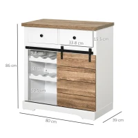 HOMCOM Dulap Rustic de Bucătărie cu 2 Sertare, Rafturi Deschise și Suport pentru Sticle, Bufet din Lemn și Metal, 80x39x86 cm, Alb(m-3)
