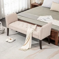 HOMCOM Capăt de Pat, Bancă Tapițată din Țesătură cu Căptușeală Groasă, Cotieră și Cadru din Lemn Masiv, 141x44x65 cm, Bej(m-2)