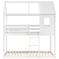 Children's Bunk Bed with Convertible Ladder and Window, Solid Pine Wood Twin Sleeper, Safety Certified, for Kids, Teens, 198x94x221 cm, White(m-2)