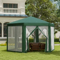Outsunny Gazebo 4x4 m da Giardino Esagonale con Pareti in Rete, 2 Porte e Gambe Regolabili, Gazebo in Metallo e Poliestere con Picchetti e Funi, Verde(m-2)