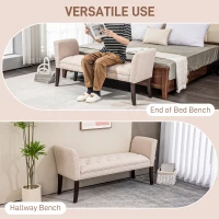 HOMCOM Capăt de Pat, Bancă Tapițată din Țesătură cu Căptușeală Groasă, Cotieră și Cadru din Lemn Masiv, 141x44x65 cm, Bej(m-6)