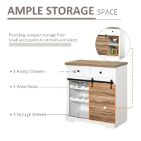 HOMCOM Dulap Rustic de Bucătărie cu 2 Sertare, Rafturi Deschise și Suport pentru Sticle, Bufet din Lemn și Metal, 80x39x86 cm, Alb(m-4)