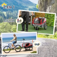 PawHut Remolque de Bicicleta para Perros 2 en 1 Carrito para Mascotas con Enganche Cubierta Enrollable Cinturón de Seguridad Bandera y Reflectores 130x64x97 cm Gris y Rojo(m-4)