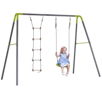 HOMCOM Balançoire enfant 2 agrès portique avec balançoire et échelle dim. 2,65L x 1,38l x 1,75H m métal époxy anticorrosion PE Gris Anthracite Vert Pomme(m-1)