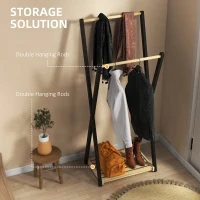 HOMCOM Cuier de Podea din Lemn cu 2 Bare, Suport pentru Haine Autoportant Modern cu Raft Inferior, 61x45x152 cm, Natural(m-4)